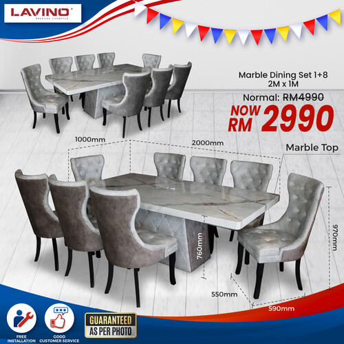2.0M Rectangle Marble Dining Set MT3140GG + DC3140 